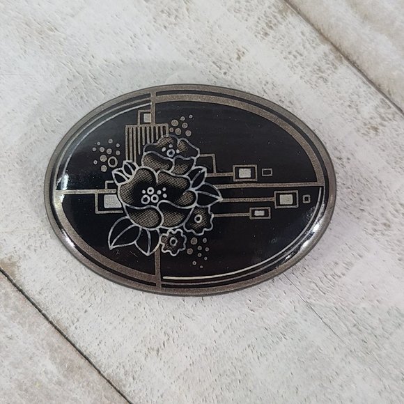 Vintage Michaela Frey Brooch Signed Oval Enamel Black Silver Floral Art Deco - Picture 7 of 9